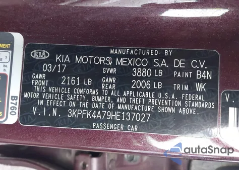2017 Kia Forte Lx z USA, uszkodzony, nr VIN 3KPFK4A79HE137027